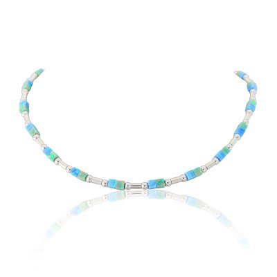 N529 - LV  Tube Necklace with Blue and Green Opals